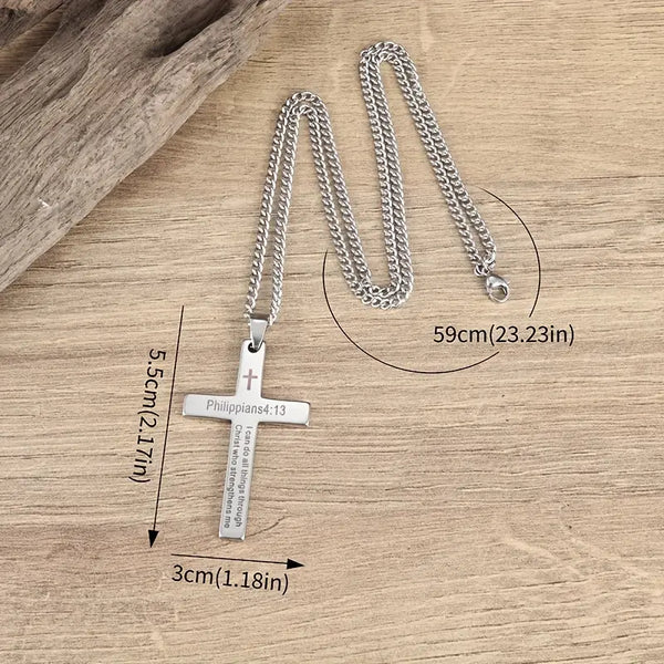 Philippians 4:13 Laser Engraved Cross Pendant with Chain