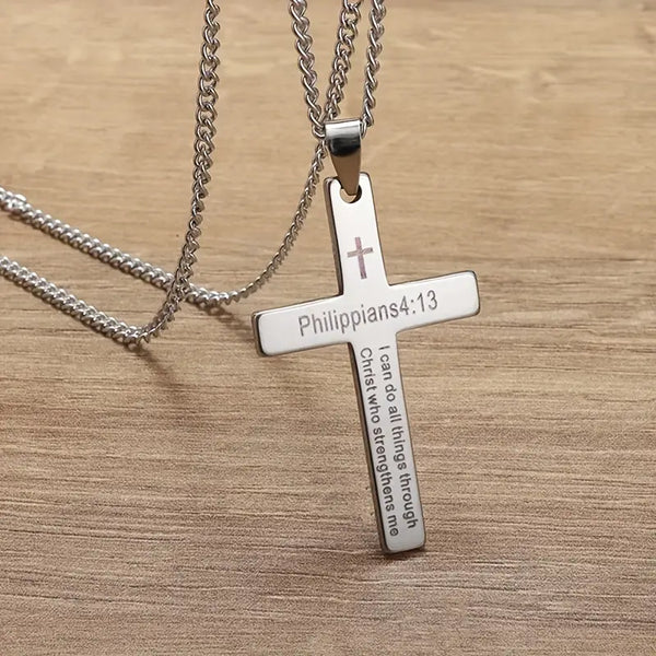 Philippians 4:13 Laser Engraved Cross Pendant with Chain