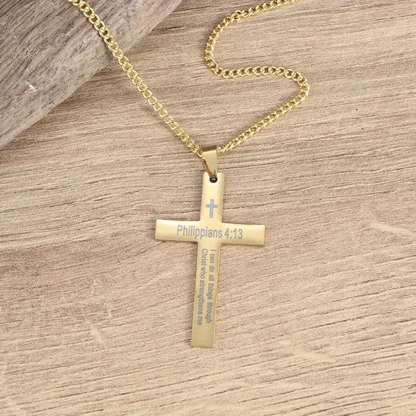 Philippians 4:13 Laser Engraved Cross Pendant with Chain