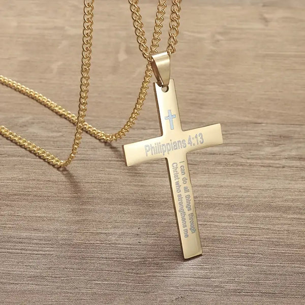 Philippians 4:13 Laser Engraved Cross Pendant with Chain