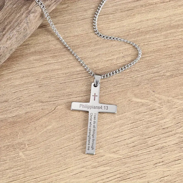 Philippians 4:13 Laser Engraved Cross Pendant with Chain